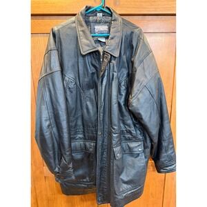Guy Loren Black Genuine Leather Jacket Men XL Paisley Lined Zip Front Field Coat